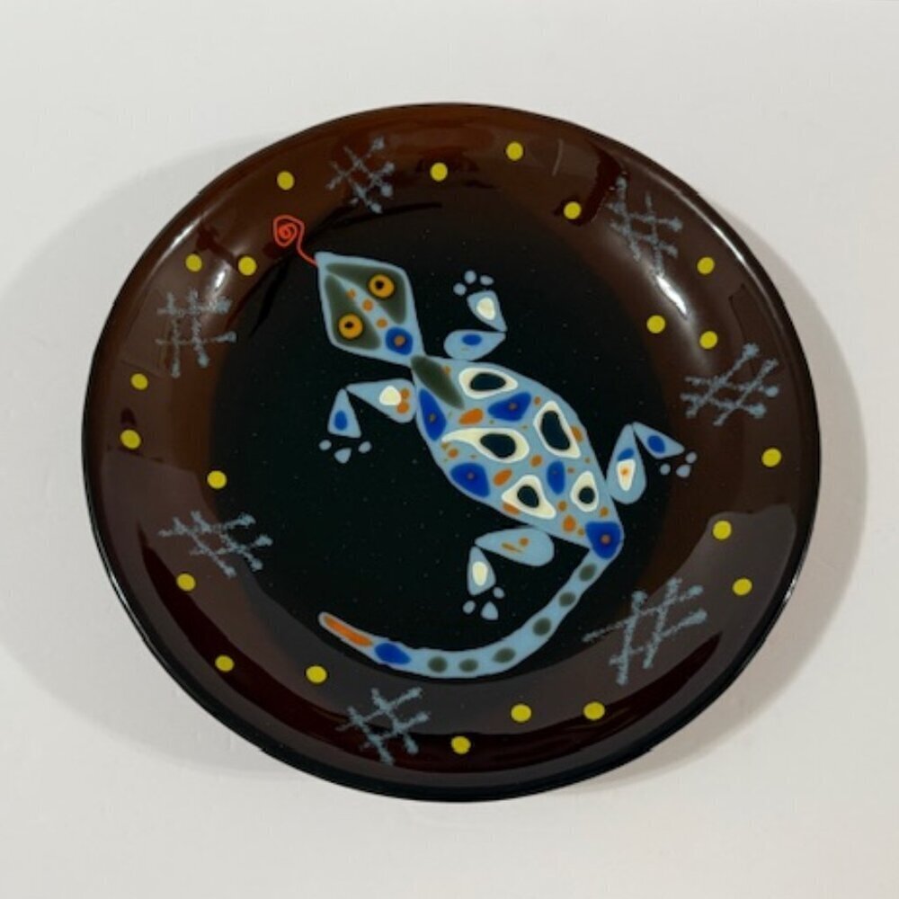 Vintage Artisan Handcrafted Pop Art Glass Lizard Gecko Bowl / Plate Signed